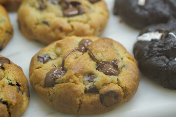 chocolate chip cookies on table close up 