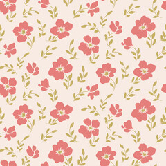Seamless floral pattern with decorative hand drawn plants in rustic style. Cute ditsy print, gentle botanical background with small pink flowers, leaves on a light field. Vector illustration.