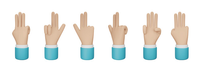 Hand gesture cartoon 3D style on white background. 3D rendering. Hand 3D Illustration.