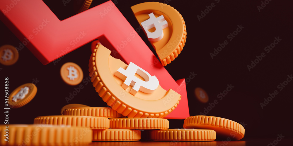 Poster 3d rendering cryptocurrency price collapse crisis. downward arrow crash broken bitcoin on dark red b