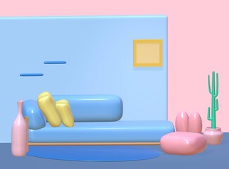 3d rendering of the minimal living room. Pink and blue are the main concept color.