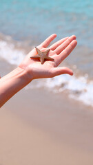 A woman is holding a starfish on beach side.