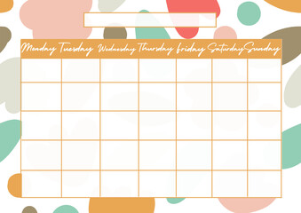 Weekly calendar on a pink background with abstraction. For weekly planning. For writing down plans, events, activities, hobbies