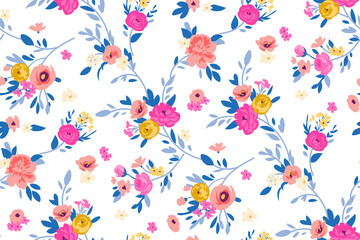 Fototapeta Contemporary floral print with small meadow flowers on lea for digital surface and textile in liberty style ,ornate vector template obraz