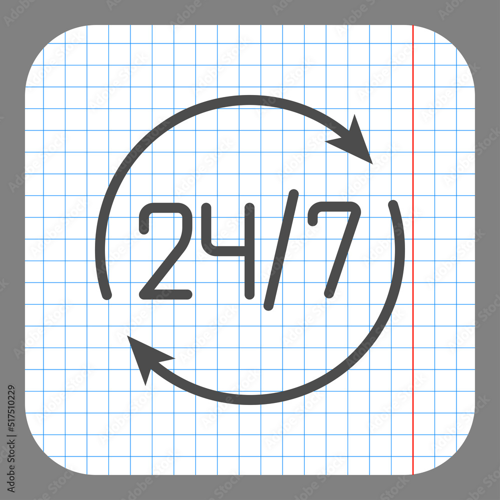 Poster 24h hours a day and 7 days a week simple icon vector. flat design. on graph paper. grey background.a