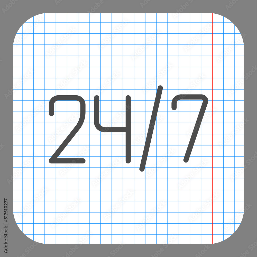 Poster 24h hours a day and 7 days a week simple icon, vector. flat design. on graph paper. grey background.