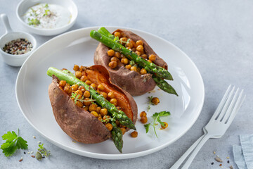 baked sweet potato with asparagus and chickpeas