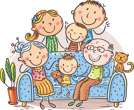 Cartoon drawing doodle family portrait, vector illustration