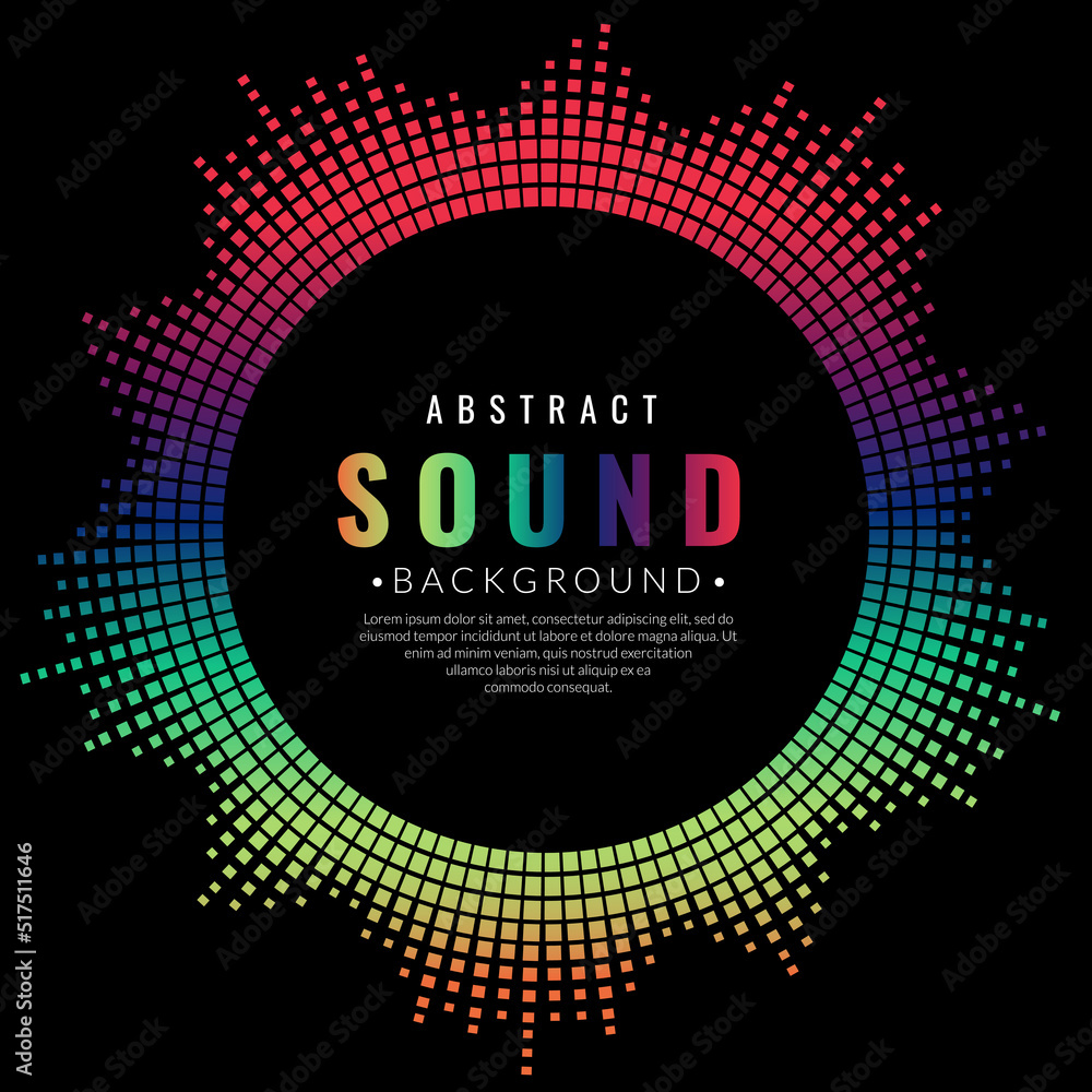 Poster music round frame. circular sound wave frame with rainbow dot patterns isolated on black background.