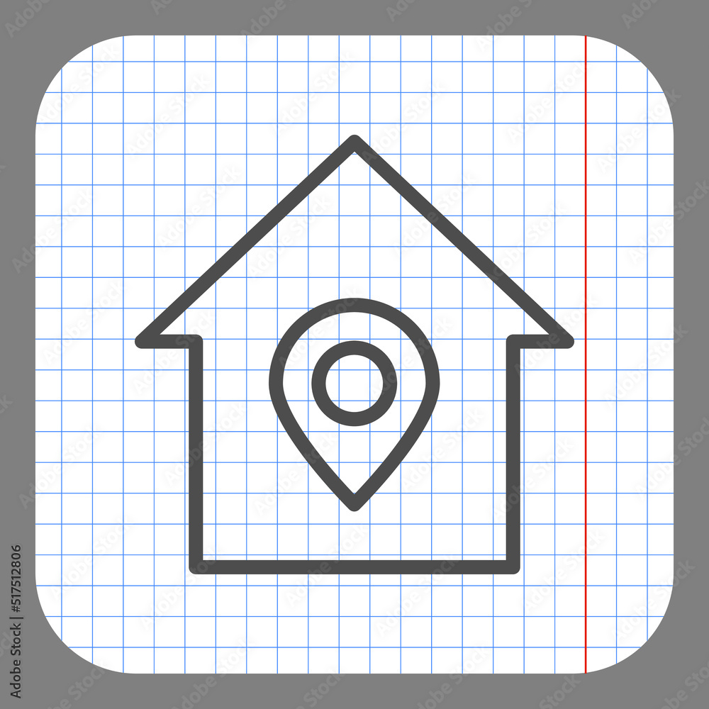Aufkleber location pointer, house simple icon vector. flat design. on graph paper. grey background.ai