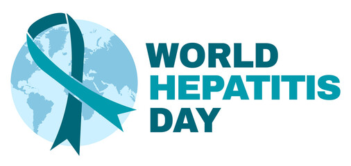 World Hepatitis Day July 28 banner or poster design. Green awareness ribbon and text.