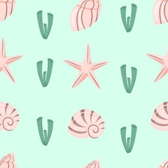 Seamless pattern with starfish, corals and seashells. Vector background with marine theme. Perfect for wrapping paper, textile and web design. Cute hand drawn vector illustration.