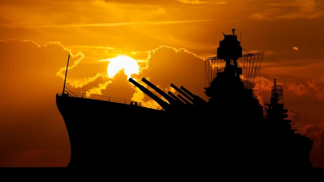 Battleship at Sunset, Time Lapse with Red Sun, Fiery Sky and Silhouette of Military Navy Ship Carrier Full Loading Fighter