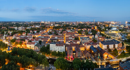 Aerial view of the Old town district. Klaipeda city in the evening time. Klaipeda, Lithuania.