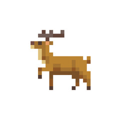 Deer cartoon character pixel art icon, design element of children's book application or sticker. Game assets 8-bit sprite. Animal of Scotland. Isolated vector illustration. 