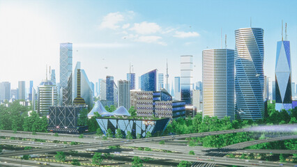 Futuristic City Concept. Wide Shot of an Digitally Generated Modern Urban Megapolis with Rendered Skyscrapers, Cozy Park, Flying Vehicles. Daytime Cityscape Scenery of Financial District.