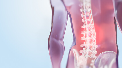 VFX Back Pain Virtual Reality Presentation Render. Digitally Generated Person Experiencing Discomfort in a Result of Spine Trauma or Arthritis. Schematic Medical Visualization.