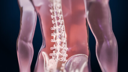 VFX Back Pain Virtual Reality Presentation Render. Digitally Generated Person Experiencing Discomfort in a Result of Spine Trauma or Arthritis. Schematic Medical Visualization.