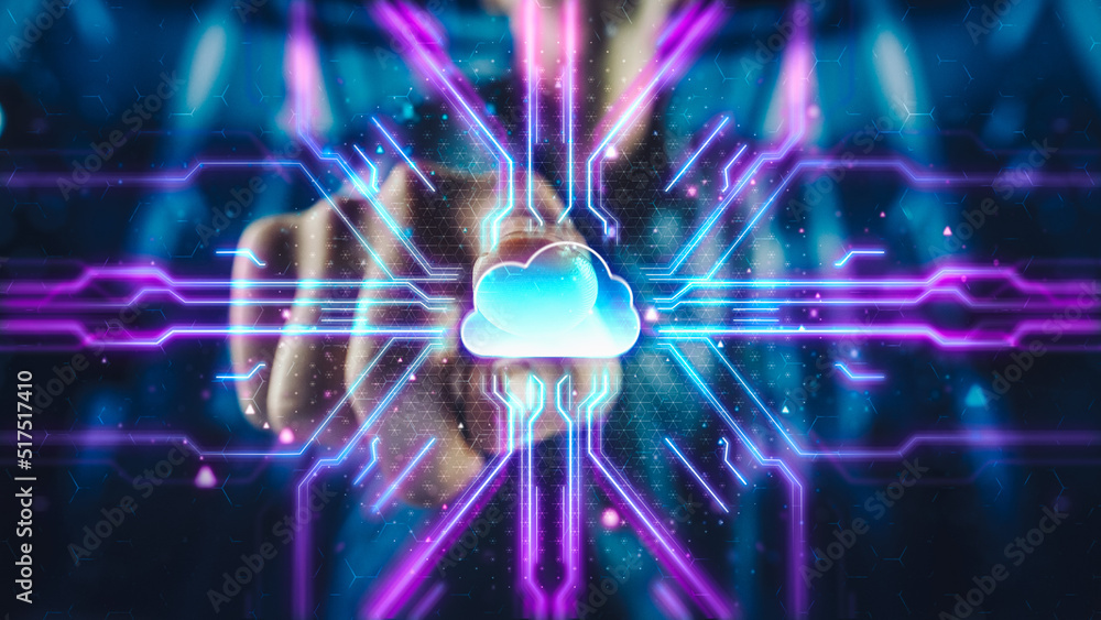 Poster industry 4.0 concept: human finger pushes touch screen button and activates futuristic artificial in