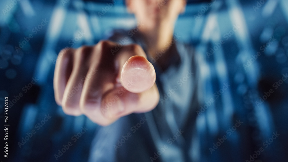 Poster digitalization concept: human finger pushes touch screen panel. template for futuristic artificial i