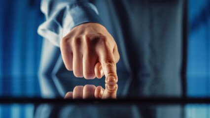 Futuristic Fingerprint Scanner Template: Human Finger Pushes Touch Screen Button to Activate Artificial Intelligence Interface. Visualization of Internet Digitalization Biometrics.