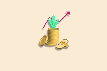 Profitable investment concept that grows money It's a pile of money and a rising graph, 3d rendering, illustration.