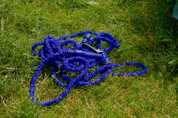A blue watering hose made of a material that increases in length lies on the lawn in the garden