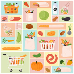 Grocery set vector illustration. Cartoon healthy fruit and vegetables, paper bags, basket from retail shop and supermarket trolley full of purchases, food products in geometric collage background