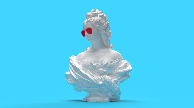3d render white bust woman in glasses in blue bacground