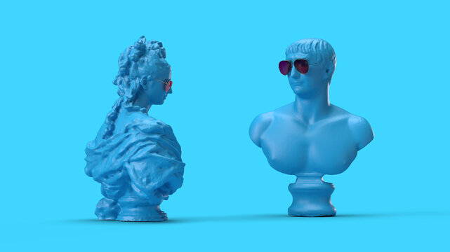 3d render the relationship between a man and a woman concept antique busts of blue color