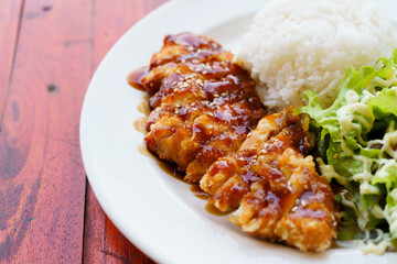 Fried Chicken teriyaki With Rice Close up 
