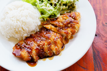 Fried Chicken teriyaki With Rice Close up 