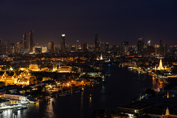 Cityscape of Bangkok at Twilight with View of Grand Palace and Chao Phraya River From Above