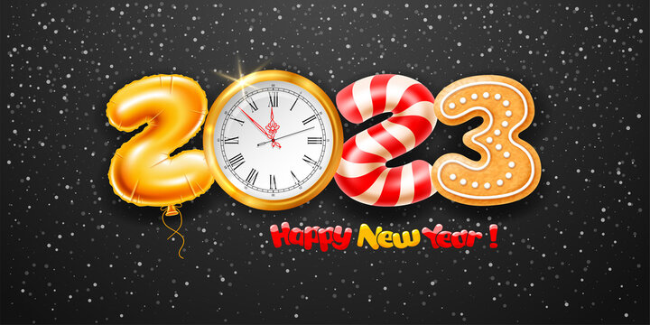Merry Christmas and Happy New Year 2023. Creative greeting with digits 2023 made of golden foil balloon, vintage clock, gingerbread and candy cane. Snowfall on the background. Vector illustration