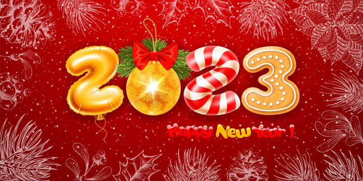 Merry Christmas and Happy New Year 2023. Creative greeting with digits 2023 made of golden foil balloon, Christmas ball, gingerbread and candy cane. Frame with hand draw winter plants. Vector