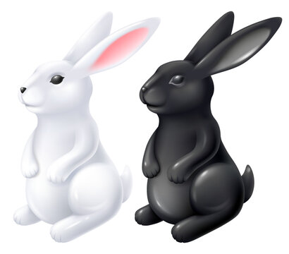 White and black hare porcelain or ceramic glossy figurine set. Rabbit symbol of 2023 Chinese New Year. Vector 3d illustration