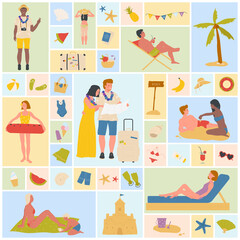 Summer beach party with tourists people set vector illustration. Cartoon man and woman holding map with sight, inflatable ring and cocktail, building sand castle in geometric collage background