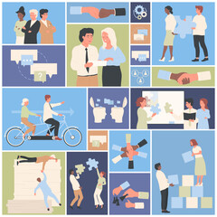 Business meeting organization and teamwork set vector illustration. Cartoon professional corporate manager characters discuss presentation, leadership in negotiation geometric collage background