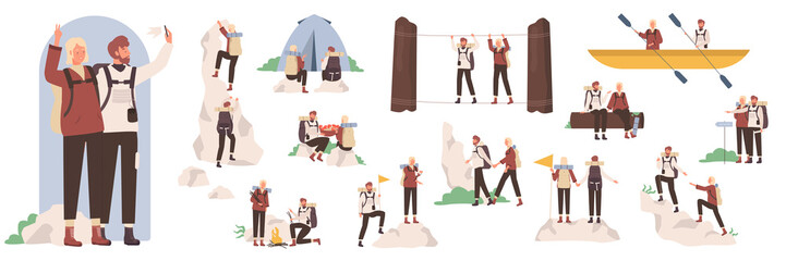 Couple of tourist characters showing different poses and gestures set vector illustration. Cartoon bearded man and woman campers hiking, climbing with flag, camp adventure of people isolated on white