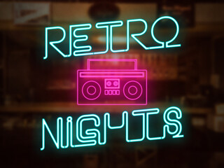 A retro nights neon sign in front of a bar or pub. A pink stereo player graphic. Nightlife throwback 70s 80s 90s party concept. Neon pink and teal colors.