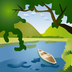 Beautiful Lake Landscape Panorama Vector Background Illustration