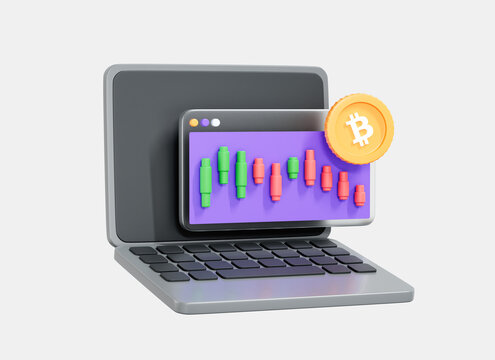 3D Computer laptop and trading chart cryptocurrency. Investing in Bitcoin. Monitoring of crypto currency exchange rate. Candlestick graph. Btc coin price collapse. Realistic illustration. 3D Rendering