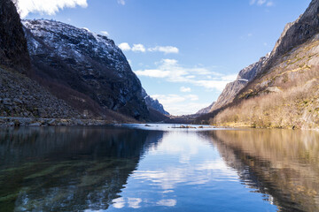 Byrkjedal, lake Byrkjedalsvatnet, beautiful valley in Norway