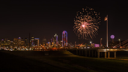 dallas skyline at night with fireworks