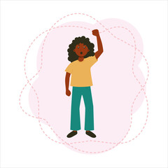 Afro american girl with her hand up.