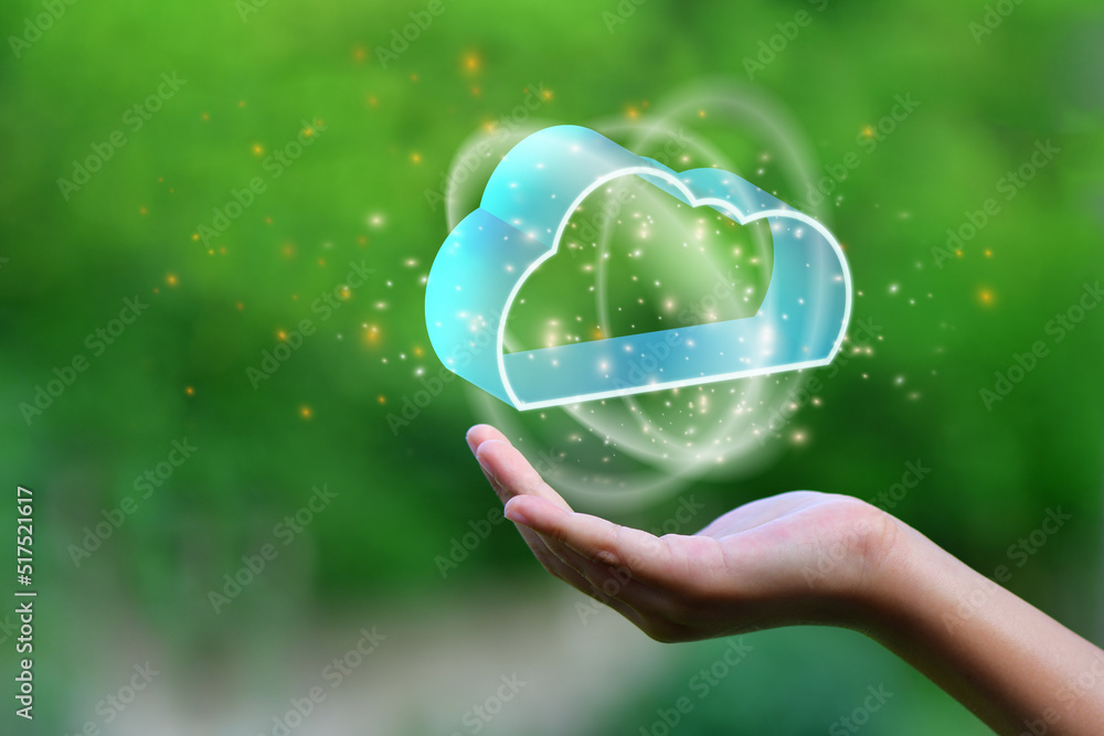 Poster woman hold cloud icon. computing network information technologist with smartphone. cloud computing n