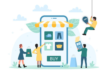 Shopping service and online payment for products in mobile shop app vector illustration. Cartoon tiny people buy and pay with POS terminal, clothes, sport shoes and accessory on phone screen