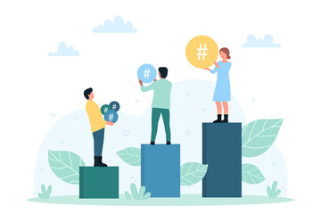 Hashtag in social media platform vector illustration. Cartoon tiny people stand on bars with hash sign to tag, post and repost popular content and feedback. Marketing technology, influence concept