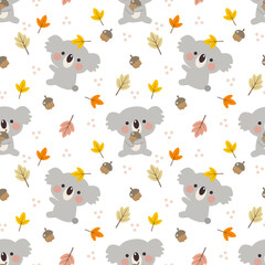 Materiał do szycia Cute Koala and Autumn Leaves Seamless Pattern