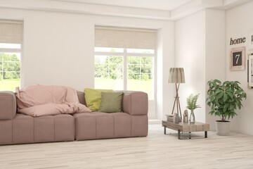 White living room with sofa and summer landscape in window. Scandinavian interior design. 3D illustration